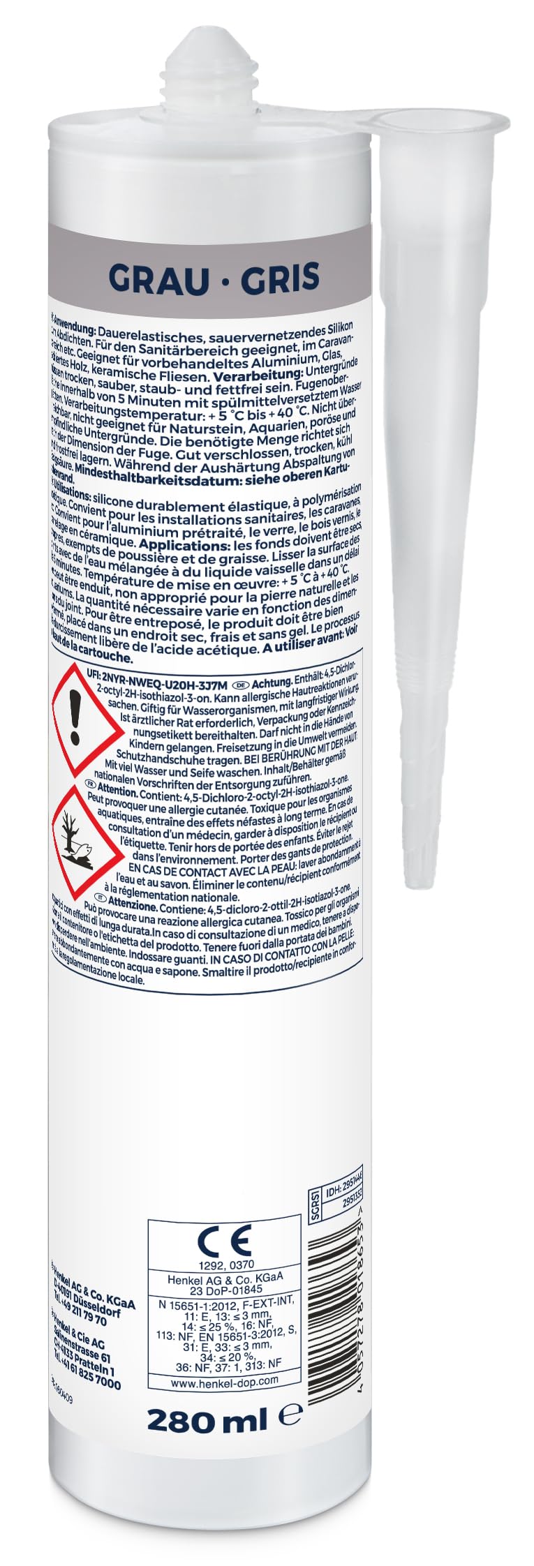 Sista Sanitär Silikon, schimmelresistenter Silikon Dichtstoff für den Sanitärbereich, sauer vernetzende Dichtmasse für viele Anwendungen, Grau, 1x280ml Kartusche (Packung mit 5)