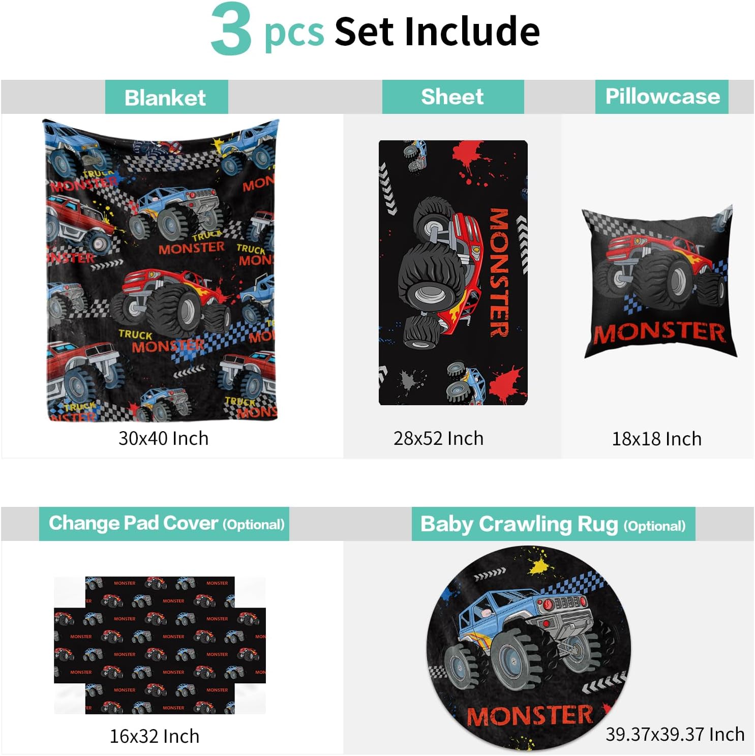 Custom Baby Crib Bedding Set 3 Piece - Personalized Name with Vehicles Design - Soft Chic Blanket, Crib Sheet, Pillowcase for Newborns Boys Girls Nursery Gifts Color15-Monster Trucks