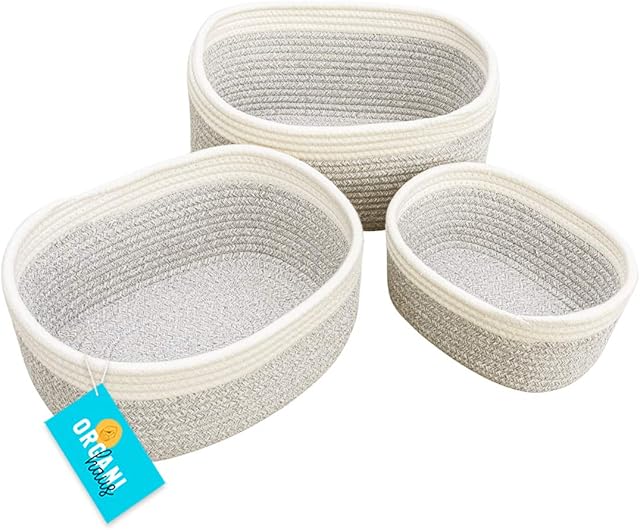 OrganiHaus Set of 3 Grey Bathroom Storage Baskets | Toy Baskets for Storage | Small Baskets for Nursery Decor | Woven Storage Baskets for Shelves | Skin Care & Desktop Organizer | Rope Storage Basket