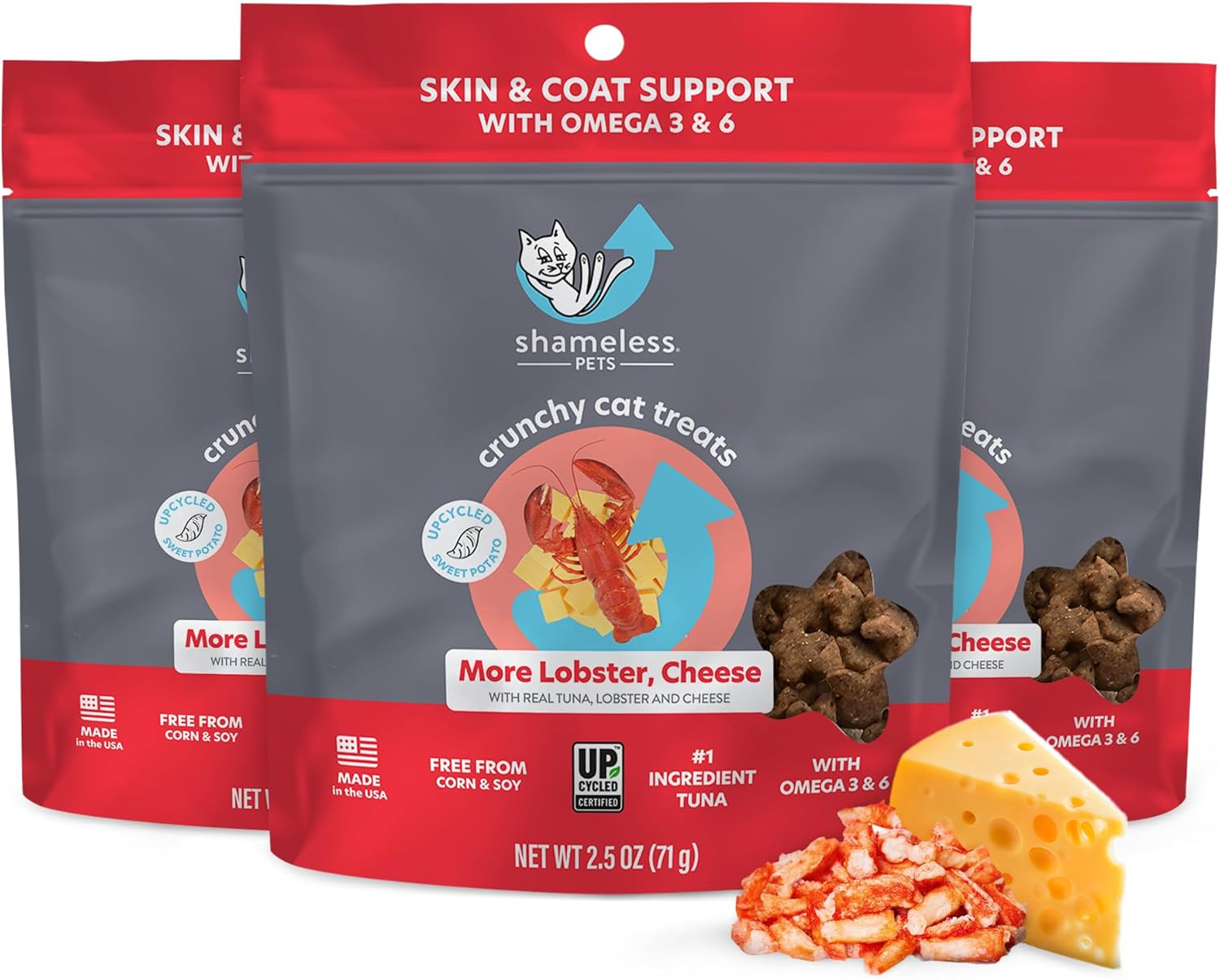Shameless Pets Crunchy Cat Treats - with Digestive Support, Natural Ingredients Kitten Treats with Real Tuna, Healthy Flavored Feline Snacks - Lobster & Cheese, 3-Pk, Packaging May Vary More Lobster, Cheese 2.5 Ounce (Pack of 3)