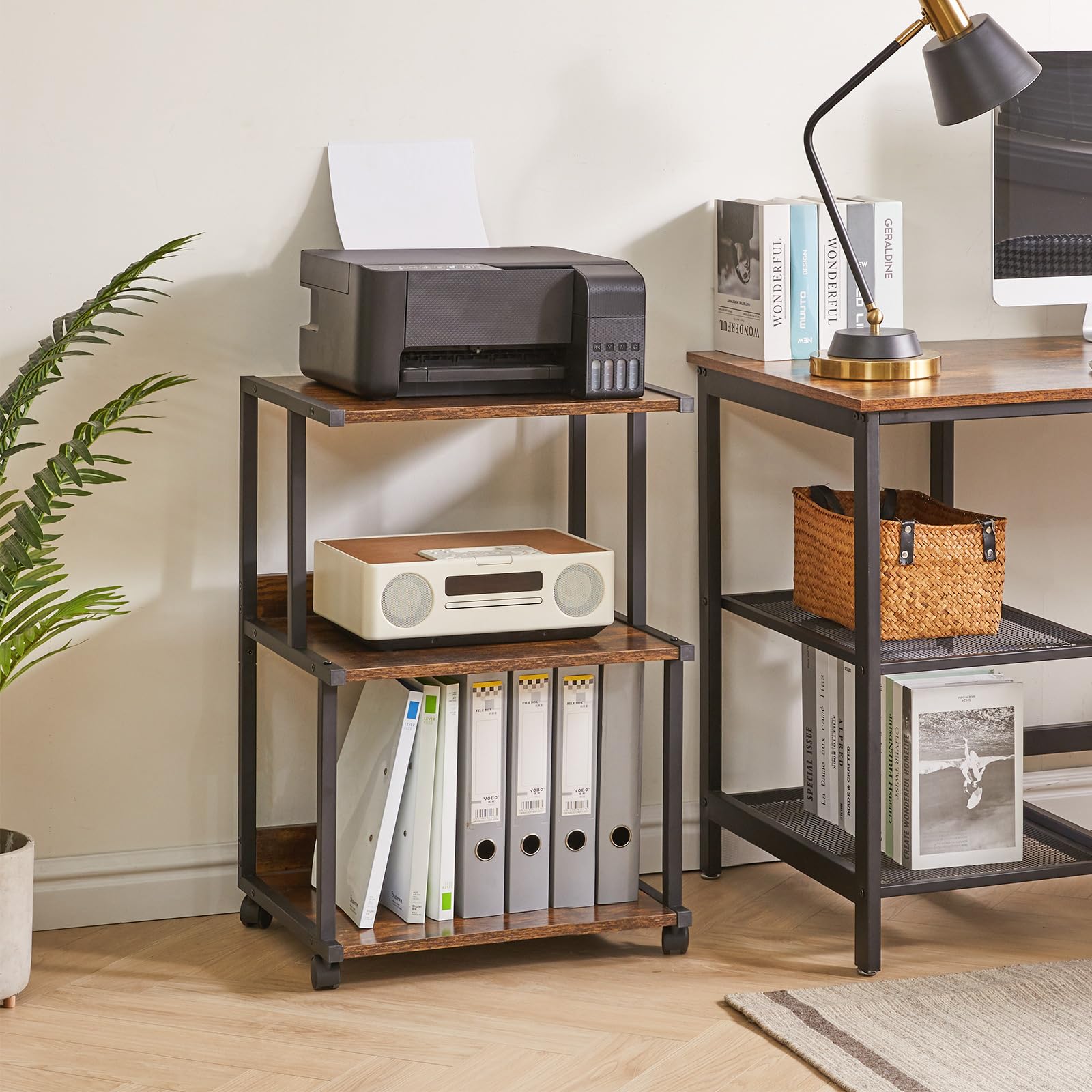 IBUYKE Support d'imprimante avec étagère de Rangement, Table d'imprimante à 3 Niveaux avec roulettes, Chariot d'imprimante pour Organisation de Bureau à Domicile TPS001H