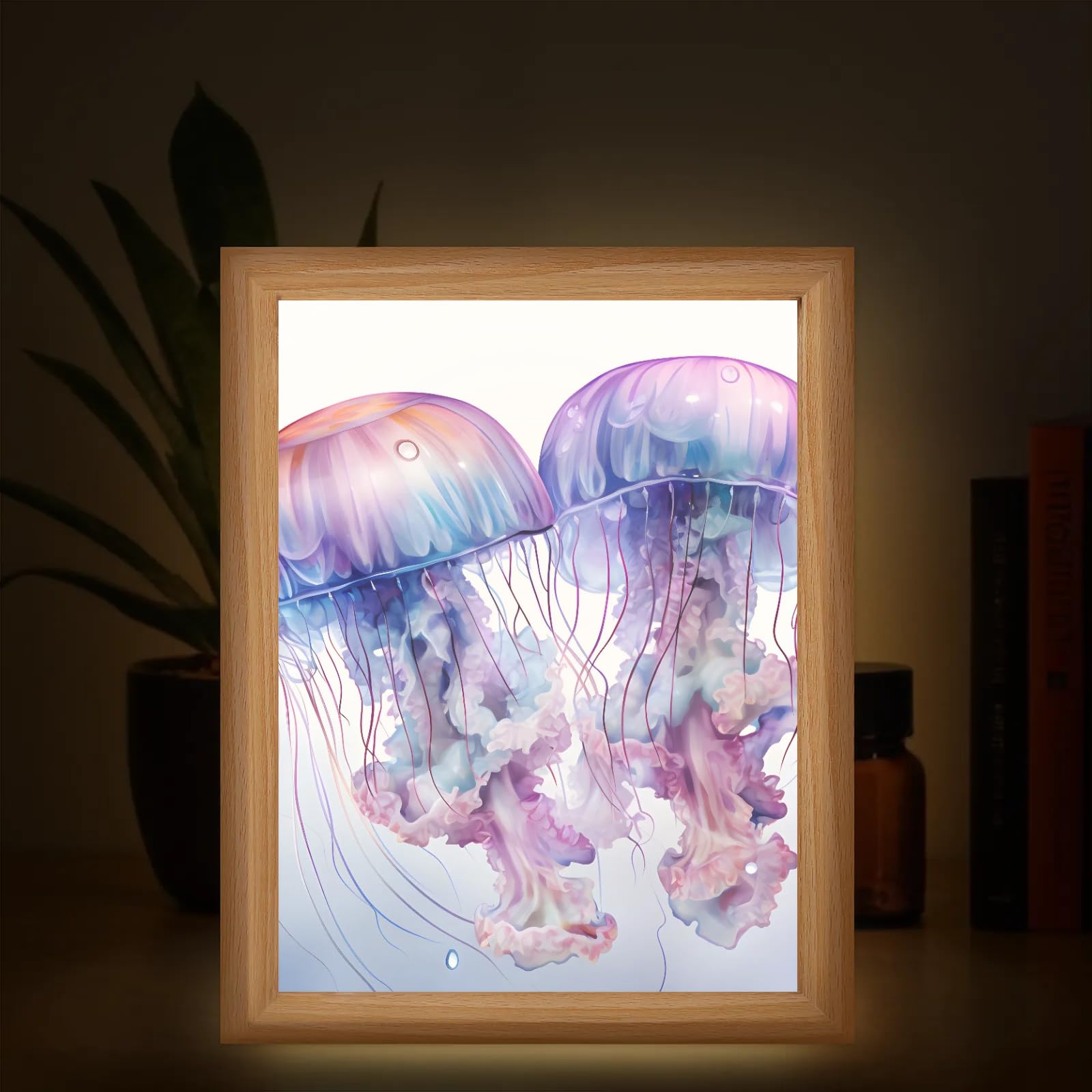 Light Up Painting, Watercolor Jellyfish Wall Art Picture Light Abstract Jellyfish Light Up Art Frame, 10 Brightness USB Powered 3 Lighting Modes, Relief Gift for Bedroom Home-Without Acrylic Panel