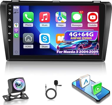 [4+64G] Car Radio for Mazda 3 2004-2009, Wireless Carplay and Android Auto | NHOPEEW 9 Inch Touchscreen Android Car Stereo - EQ Audio / GPS Navigation / WiFi / SWC / Bluetooth + AHD Backup Camera