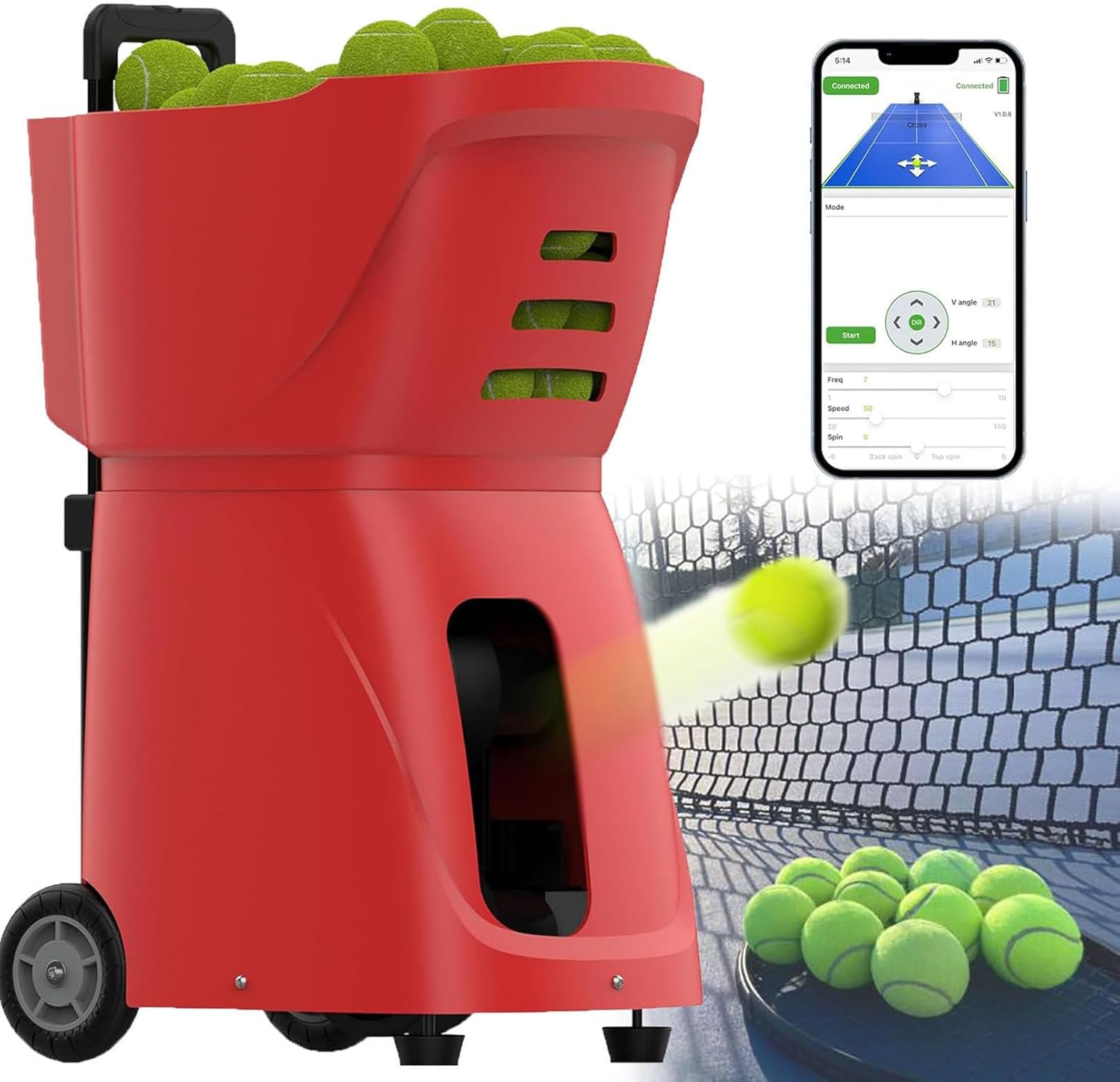 Portable Tennis Ball Machine, APP Intelligent Control/100 Pieces Ball Capacity/Various Training Modes, for All Tennis Players Lovers,Red
