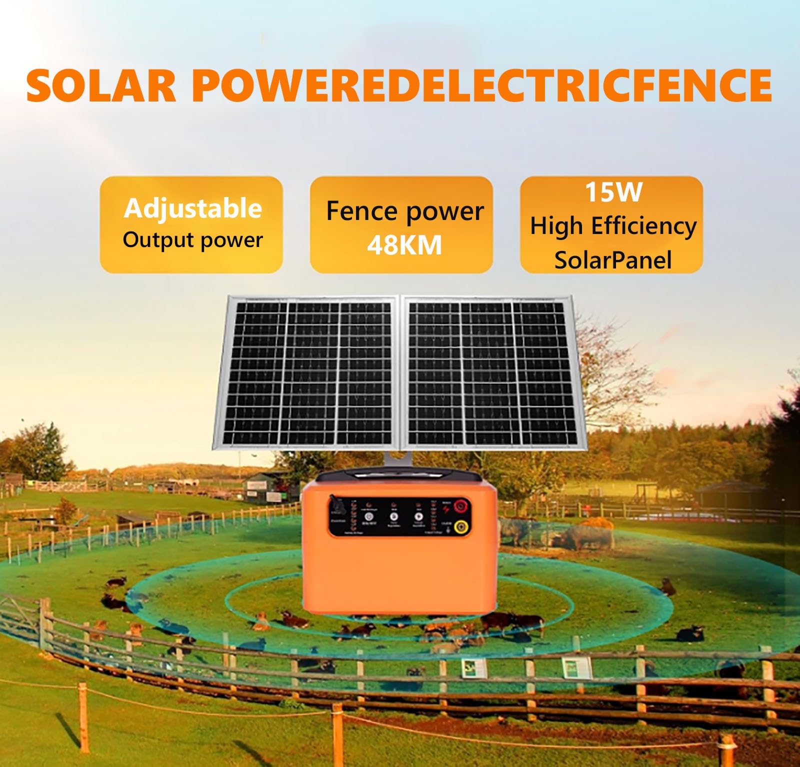 Elettrificatore solare da 48 km for recinto elettrico, potenza 0,3 J–1,5 J e tensione 6 KV–12 KV Caricabatterie efficiente regolabile for la protezione sostenibile degli animali fattoria