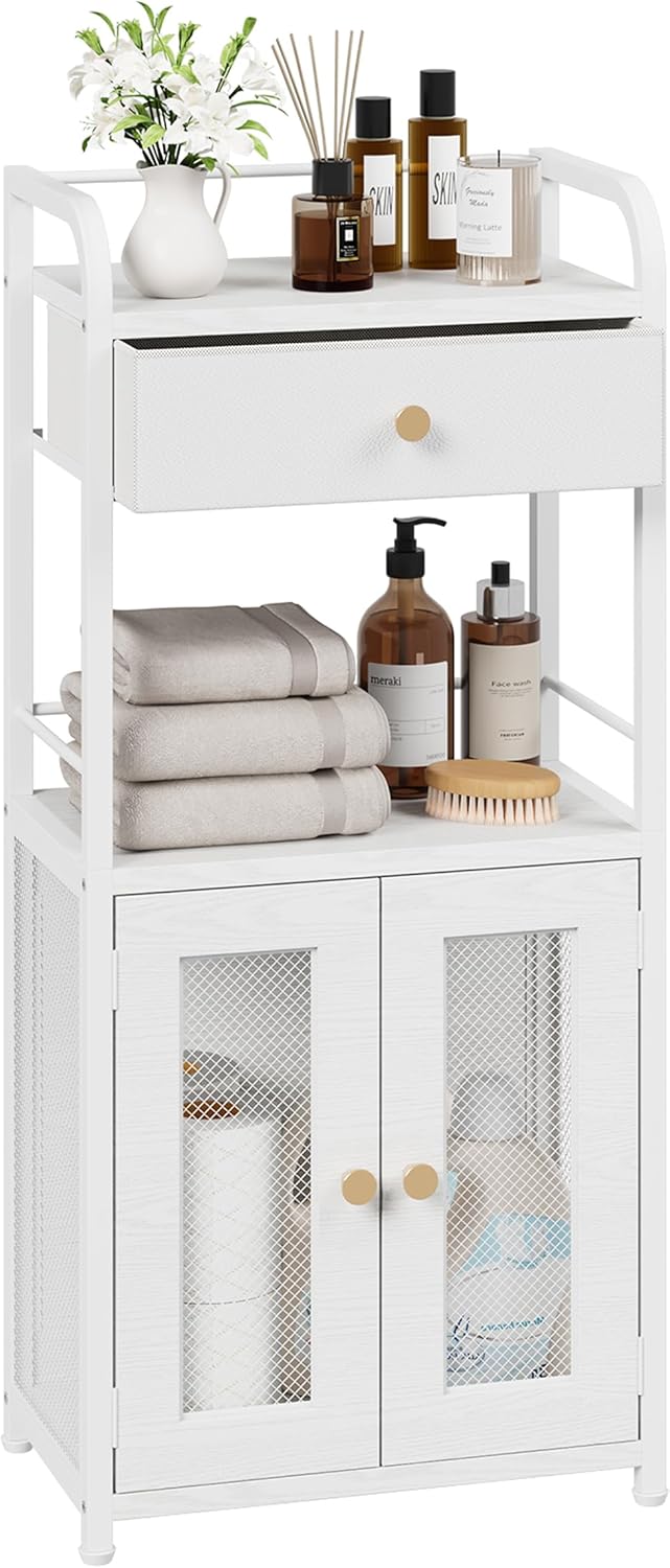 SWTYMIKI 14.57"x32.28" Bathroom Storage Cabinet – Freestanding Toilet Paper Storage with Doors & Drawer, Bathroom Organizers and Storage for Small Spaces, Laundry Room, Ideal for Towels, White