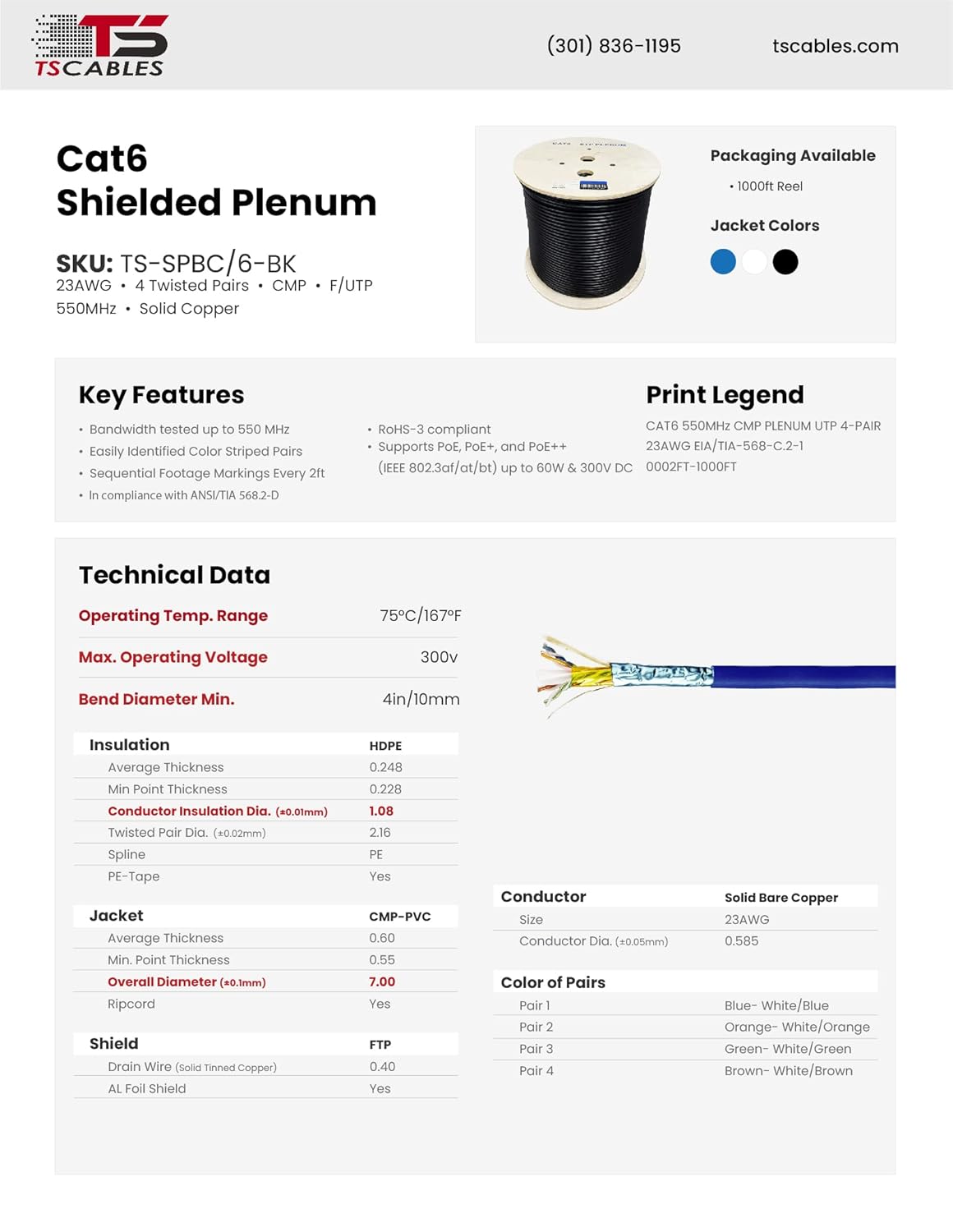 TSCables | Cat6 Plenum Shielded (CMP) Overall Foil Shield (F/UTP), 1000ft, 23AWG | 100% Solid Bare Copper | 550MHz | Bulk Ethernet Cable (Cat6 Plenum STP Shielded, Blue, 1000ft)