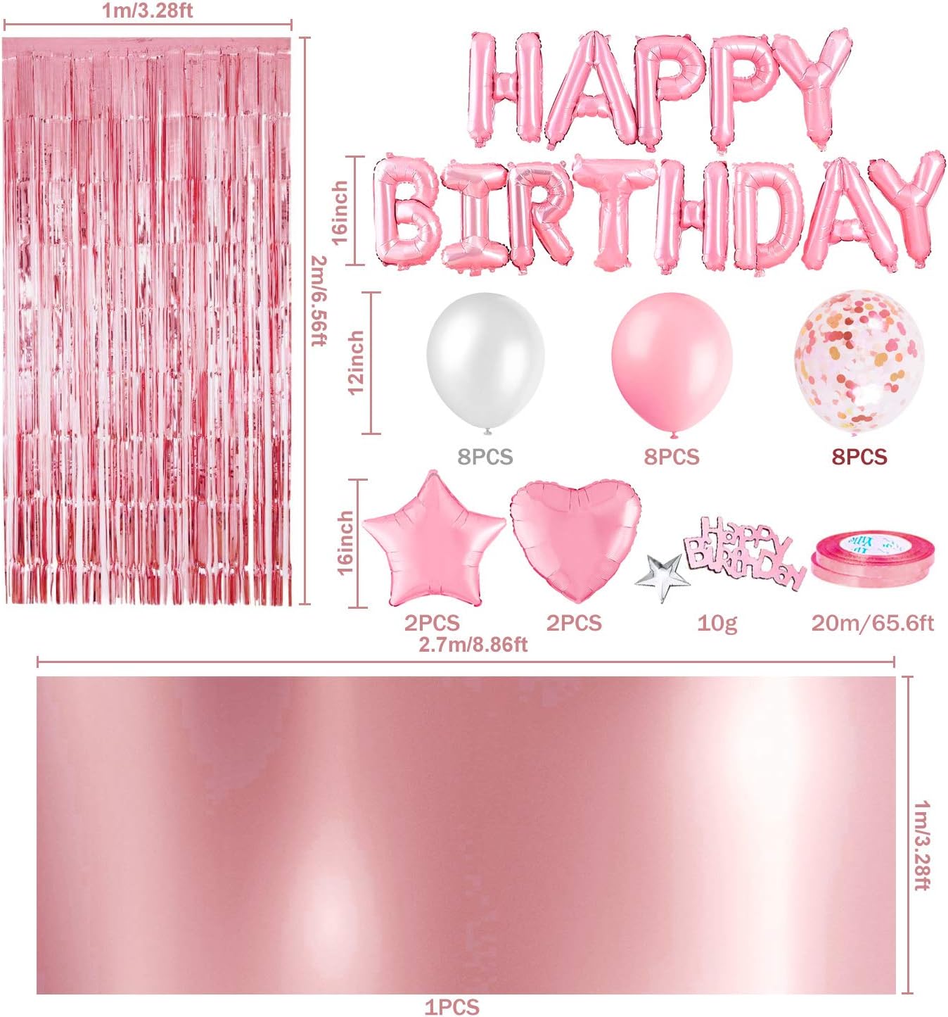 MOVINPE Pink Birthday Party Decoration, Happy Birthday Banner, Rose Gold Fringe Curtain, Foil Tablecloth, Heart Star Foil Confetti Balloons, 10g Table Confetti for Women Girl Birthday Party - Image 2