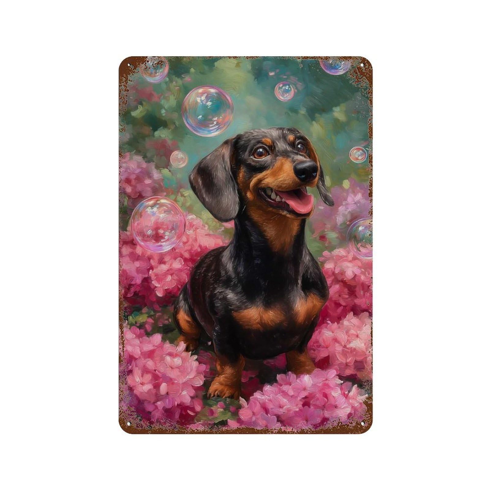 Dachshund in Flowers with Bubbles 11.8"x7.9" Vintage Rust Metal Sign, Decorative Metal Wall Art for Farmhouse, Kitchen And Entryway Decor