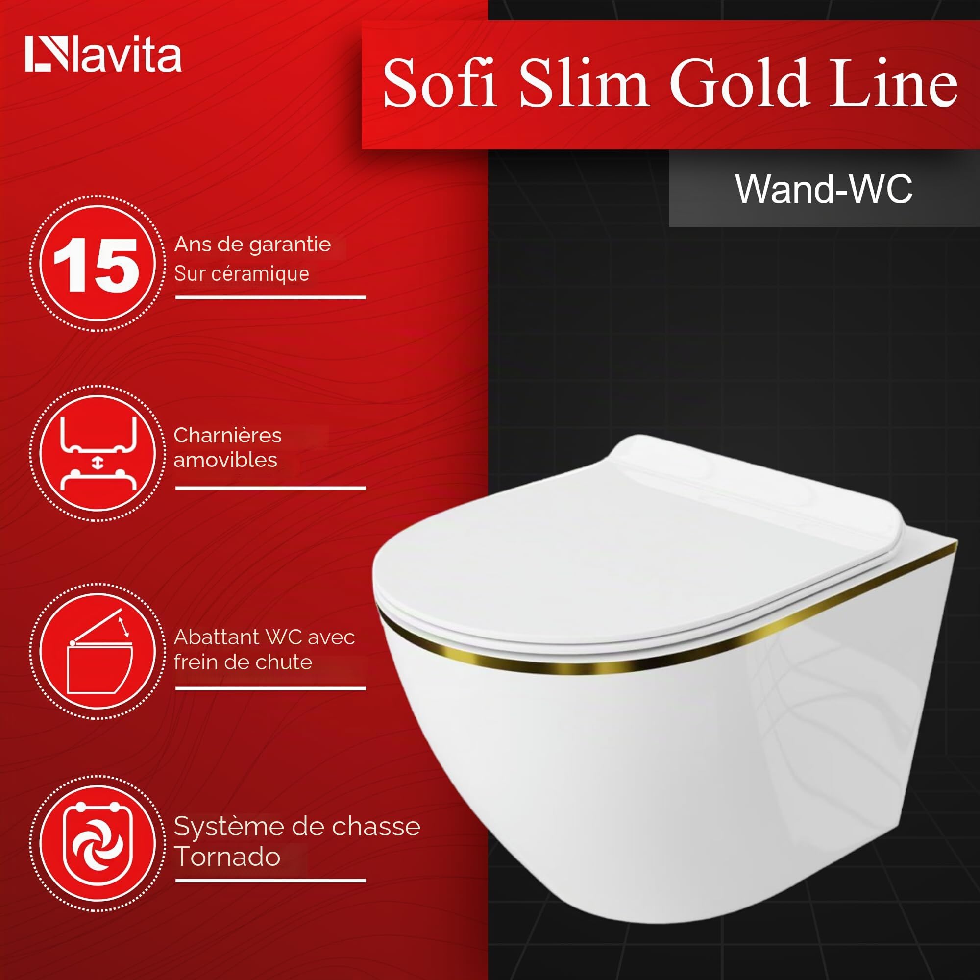 LAVITA WC mural suspendu avec siège de toilette, couvercle de toilette avec système d'abaissement automatique et charnières en métal Sans rebords, cuvette de toilette suspendue Sofi Slim Gold Line
