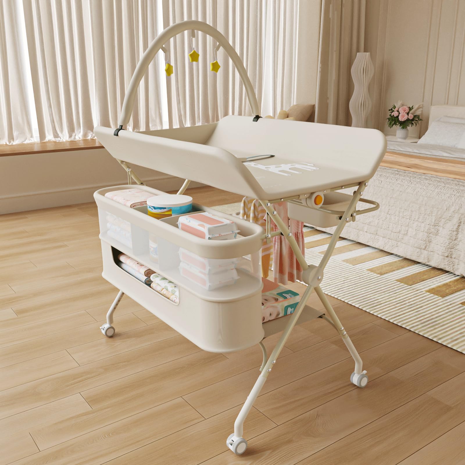 HUOLE Wickelstation mit Seitenkorb, höhenverstellbarer tragbarer Wickeltisch mit feststellbaren Rädern, multifunktionaler Aufbewahrungs-Organizer fürs Kinderzimmer,75 x 68 x 83–91 cm (B) Cremeweiß