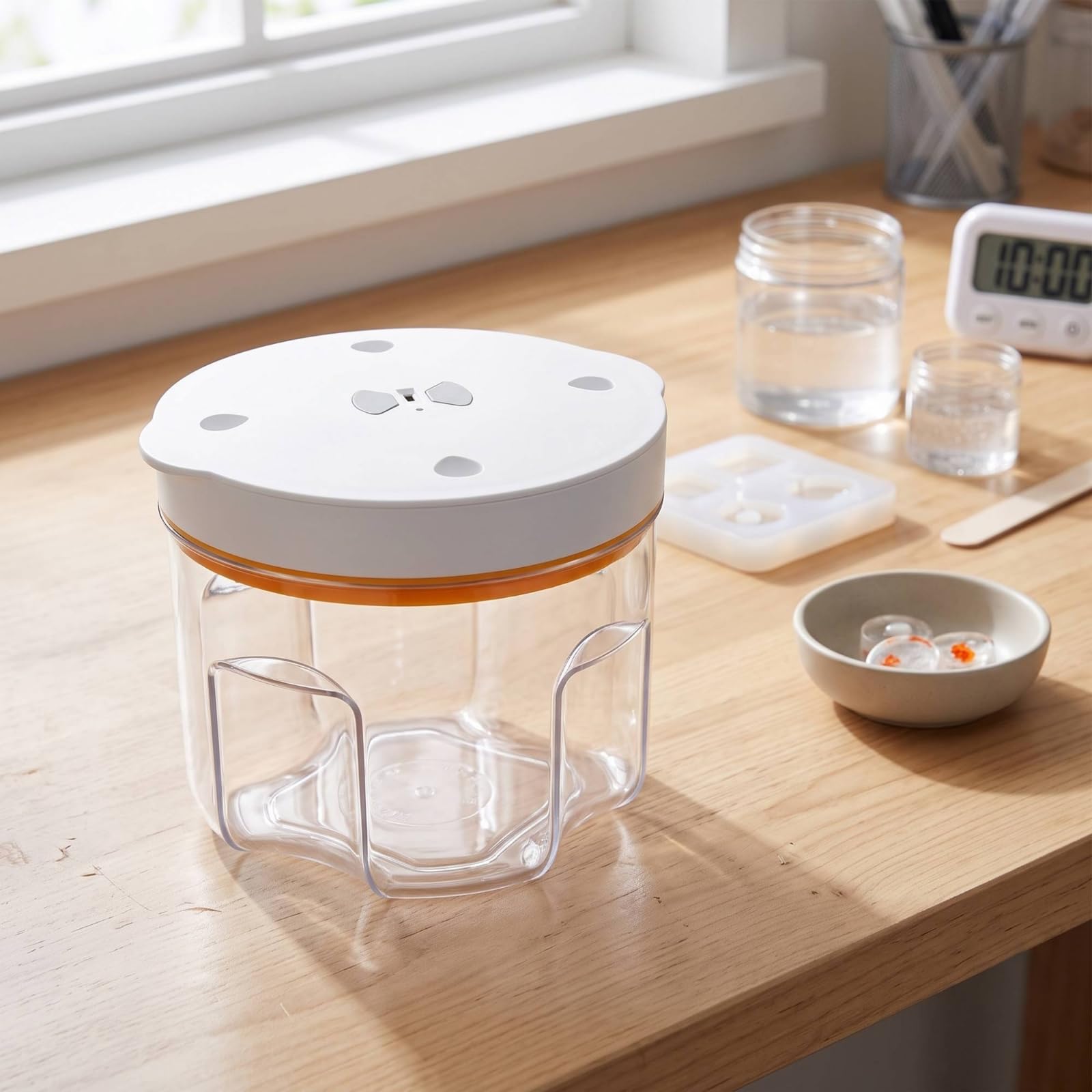 Vakuumkammer mit Deckel Transparent Entgasungsbehälter Blasenfrei Entgasungskammer für Bastler, Heimwerker, Epoxidharz-Gießen, Werkstatt, Atelier, Orange, 2 Liter