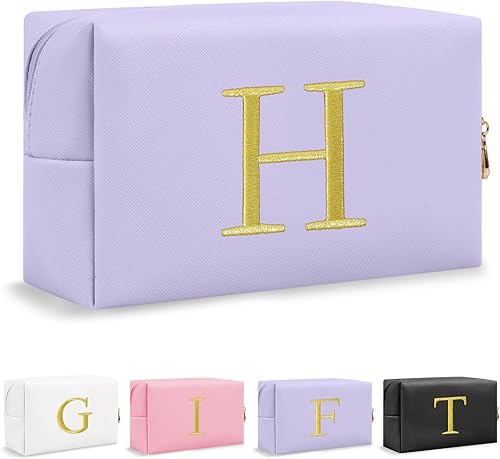 Miniatura 67 de Bolsa de Maquillaje con Inicial de Regalo Personalizado, Bolsa de Cosméticos Preppy con Letra Bordada Dorada, Rellenos de Calcetín para Chicas Blanco