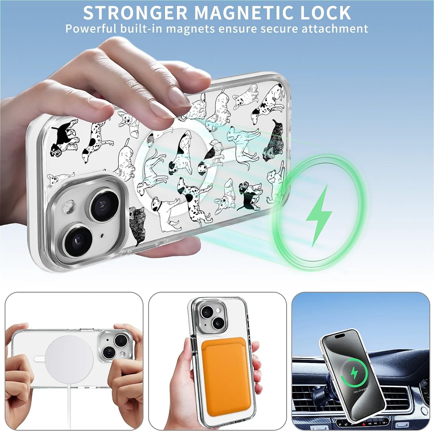 Magnetic for iPhone 15 Case, Compatible with MagSafe, Wireless Slim Clear Aesthetic Shockproof Protective Cover for Women Girl - Black White Dog - Image 6