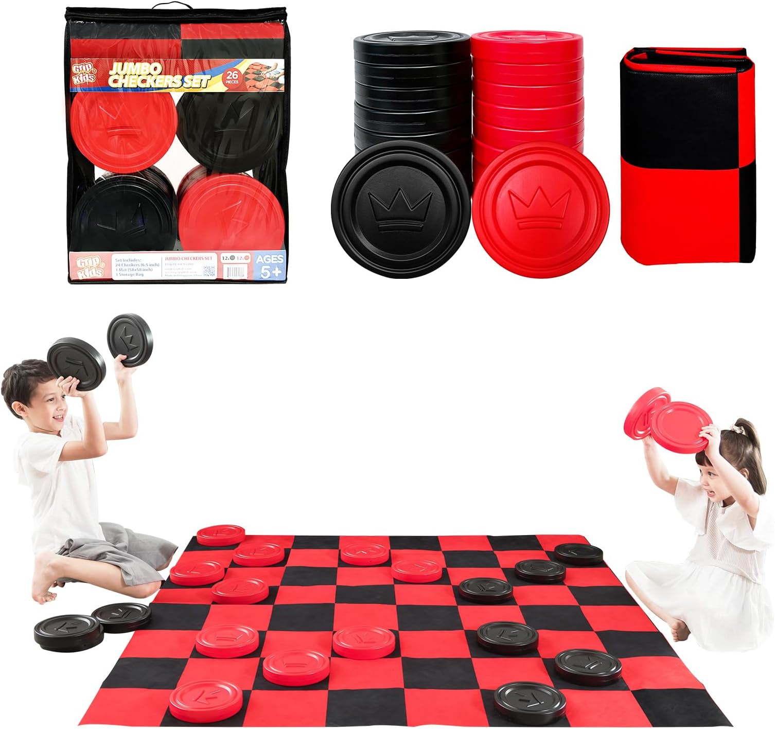 Grip Kids Jumbo Checkers Set with Storage Bag - 58 inch mat - Outdoor & Indoor Play Toys, Backyard Board Games, Family Party, Birthday for Toddlers Ages 5 6 7 8 Year Old - Amazon Exclusive