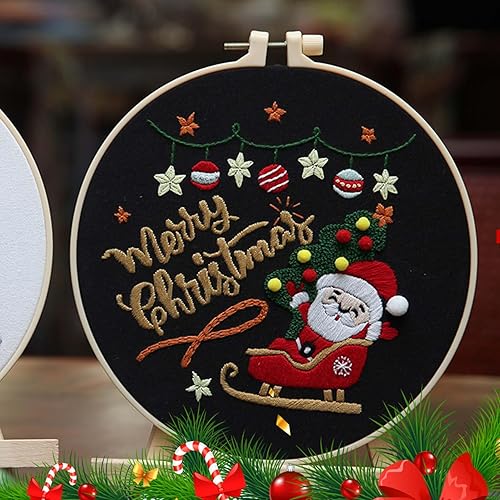 Miniatura 7 de Kit de bordado de Navidad de 3 piezas, kit de bordado para adultos principiantes, kits de punto de cruz con patrones e instrucciones, 3 aros de