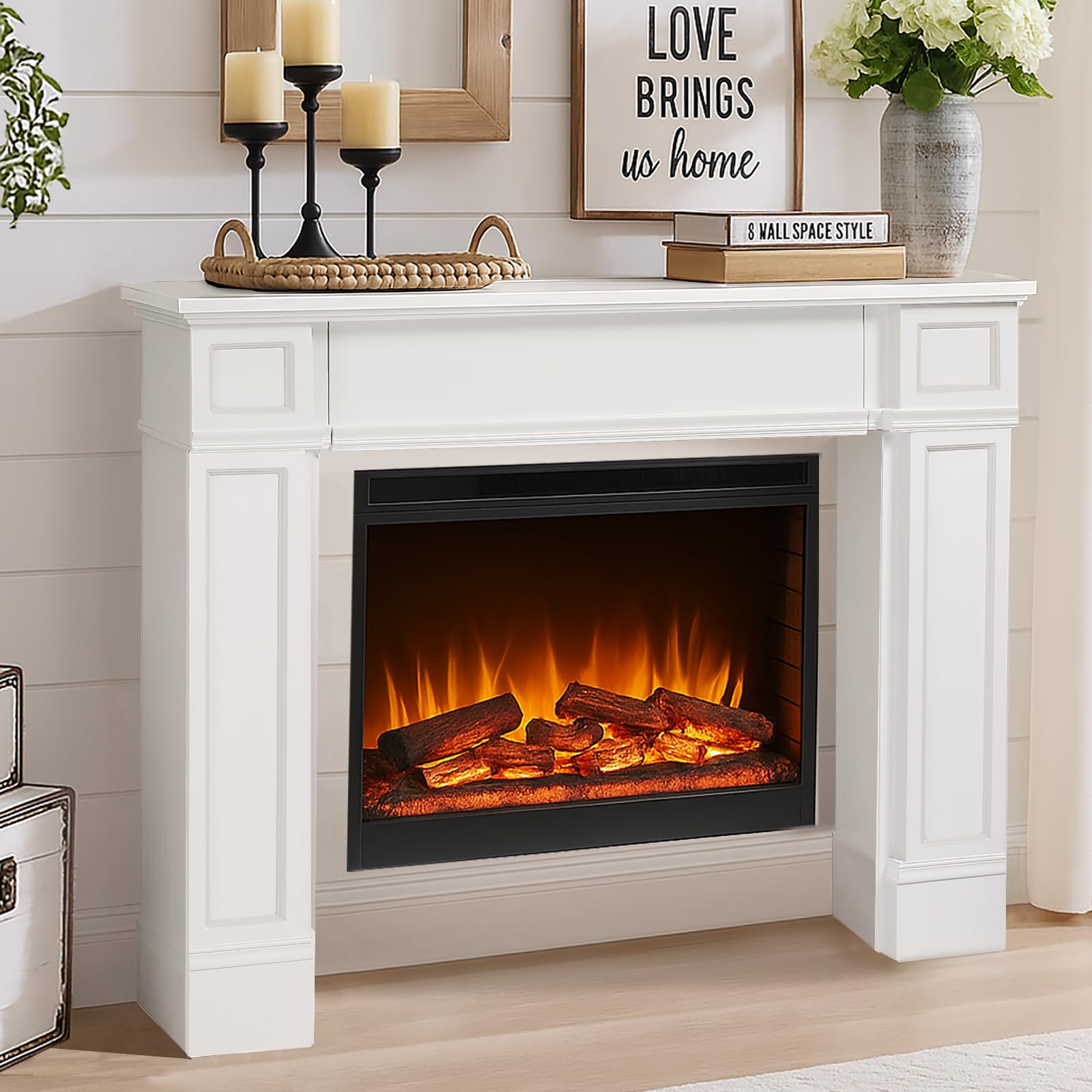 HOMEDIARY 43.3" Fireplace Mantel, Freestanding Fireplace Surround with Leg for Electric Fireplaces, MDF Mantel Surround with Shelf for Living Room with Decorative Pattern, Anti-Tipping &amp; Waterproof