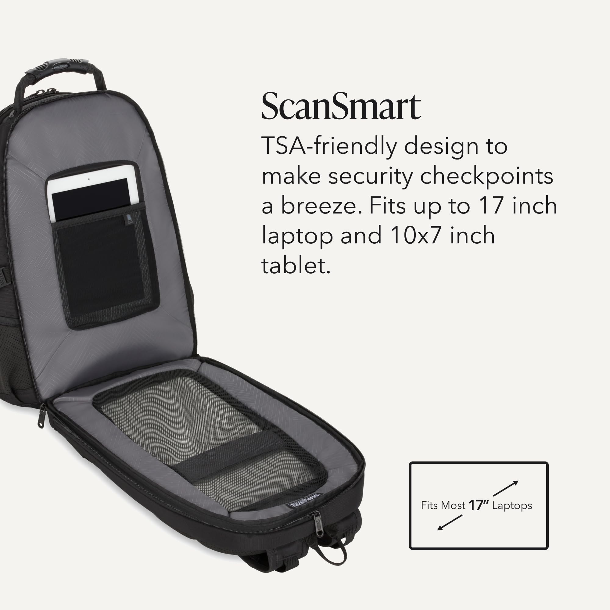 SWISSGEAR 1900 ScanSmart Laptop Backpack, Fits Most 17-Inch Laptops, TSA-Friendly Lay-Flat Design, RFID Protection, and Tablet Pocket, Black, 31L, 18.5-Inch view 3