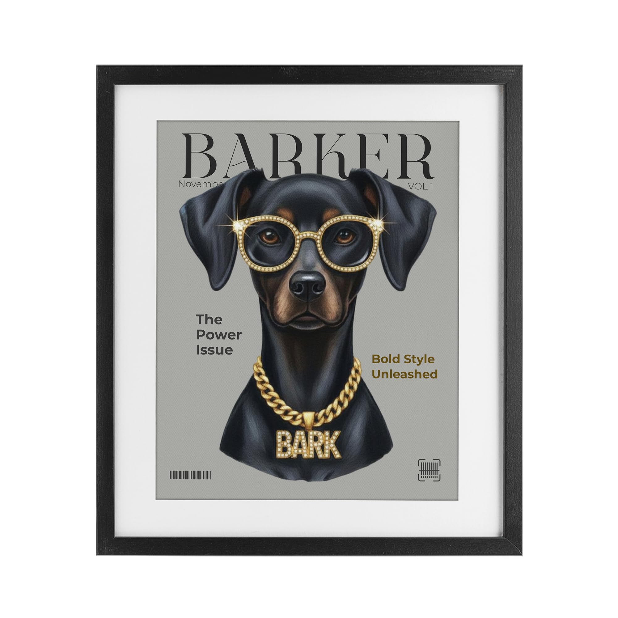 Design by A Barefoot Stylist – Wandkunst zum Aufhängen in den USA – "Barker Dog Fashion Magazine", gerahmter Druck unter Glas, Schwarz, 43,2 x 53,3 cm Stupell Industries