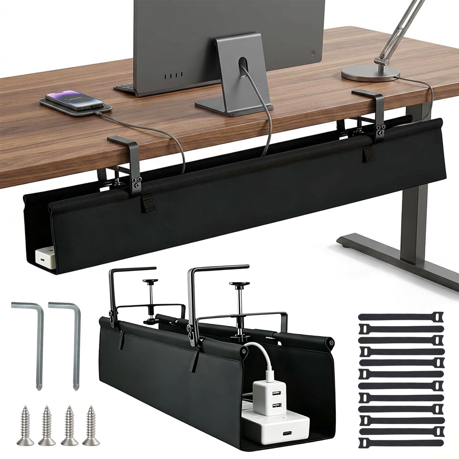 zxevg Under Desk Cable Management Tray, 36'' Black Fabric, No Drill Wire Organiser with Clamp/Screw Mount, Heavy Duty Cable Tidy Box Accessories for Gaming Desk, Home Office Cord Hiders
