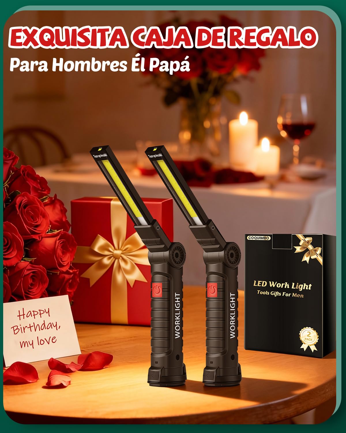 Coquimbo Regalo Hombre Linterna Taller LED Recargable, Linterna Portátil de Trabajo Lámpara de Inspección con Magnética Base y Gancho para Taller Cámping Emergencia(2 Piezas, Negro)