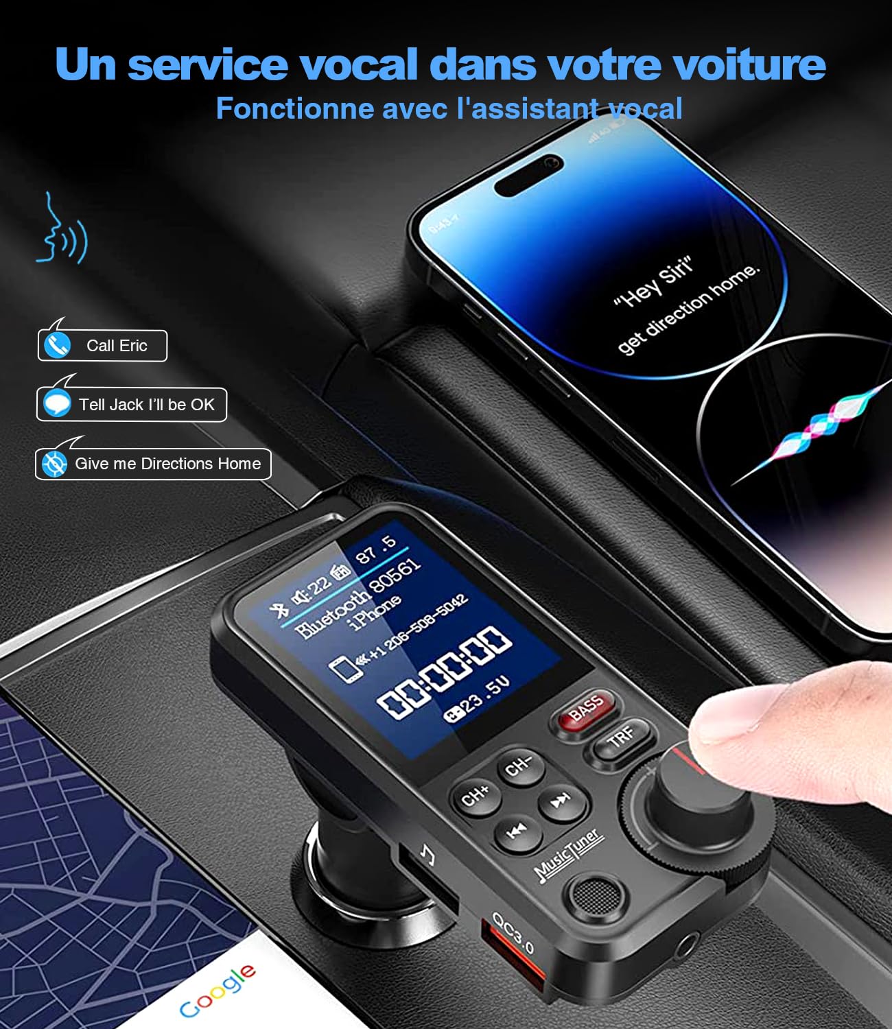 Bluetooth Samochodowy nadajnik FM, zapalniczka samochodowa Bluetooth Muzyka radia samochodowego, wsparcie MP3 adapter odtwarzacza, zestaw głośnomówiący, Spotify, USB podróży ładowarka, wyświetlacz HD,