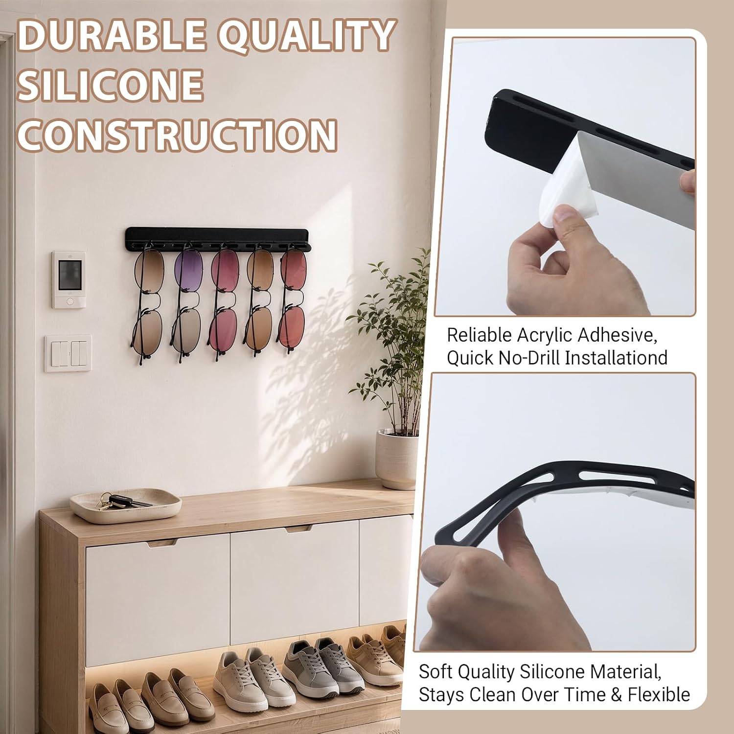 Sunglasses Rack Wall Mounted Organizer, Silicone Sunglass Holder for Wall with Self-Adhesive Backing, Hanging Eyeglass Storage Display for Multiple Glasses, RV Home Office Entryway Decor (Black)