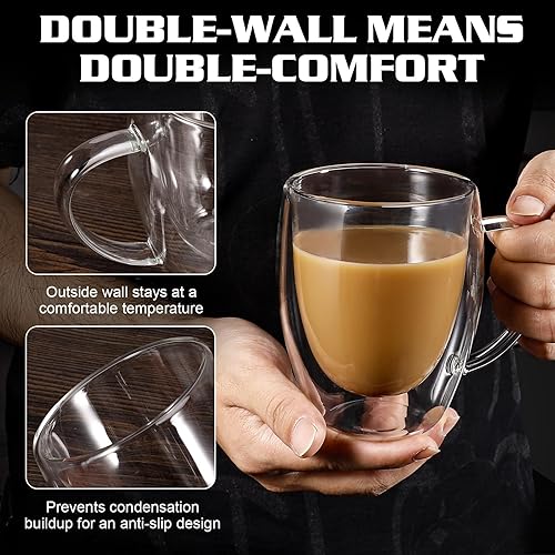 Miniatura 7 de Juego de 2 tazas de café redondas con aislamiento de doble pared de vidrio transparente, tamaño mediano, 12 onzas, la mejor taza de café