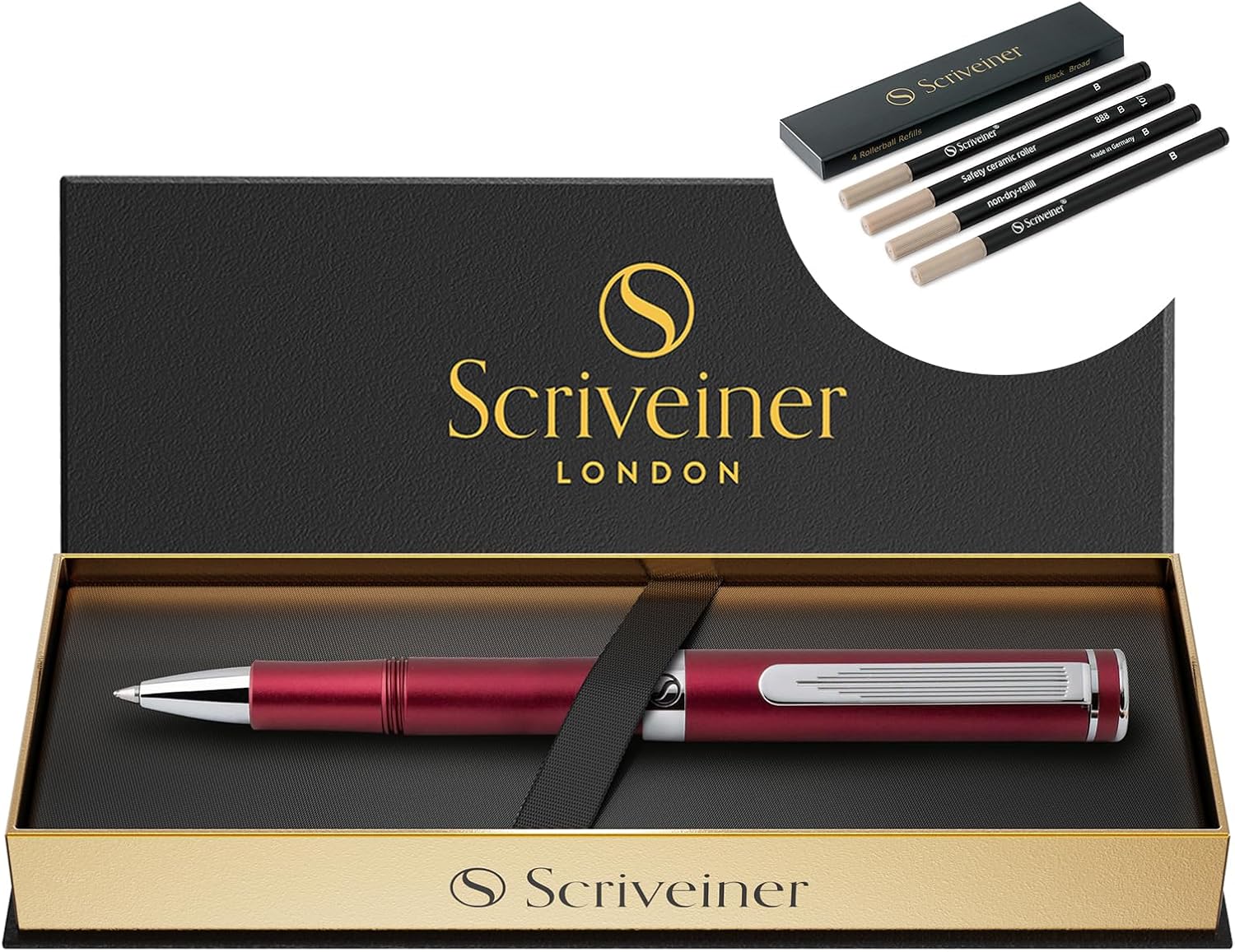 Scriveiner Red Rollerball EDC Luxury Pen, Stunning Pocket Pen with Chrome Finish, bundle with Rollerball Refill Black Broad - 4 Rollerball Refills in one box