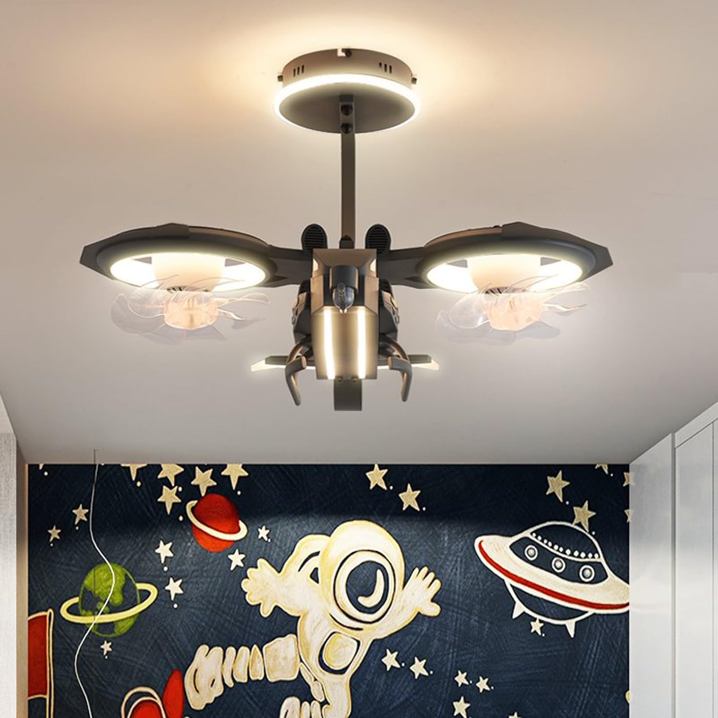 Helicopter Ceiling Fan Chandelier For Kids – 68cm Full Spectrum LED Light With RC, 6 Speeds & 3 Color Temperatures, Child Bedroom Aircraft Fan Light, Walnut