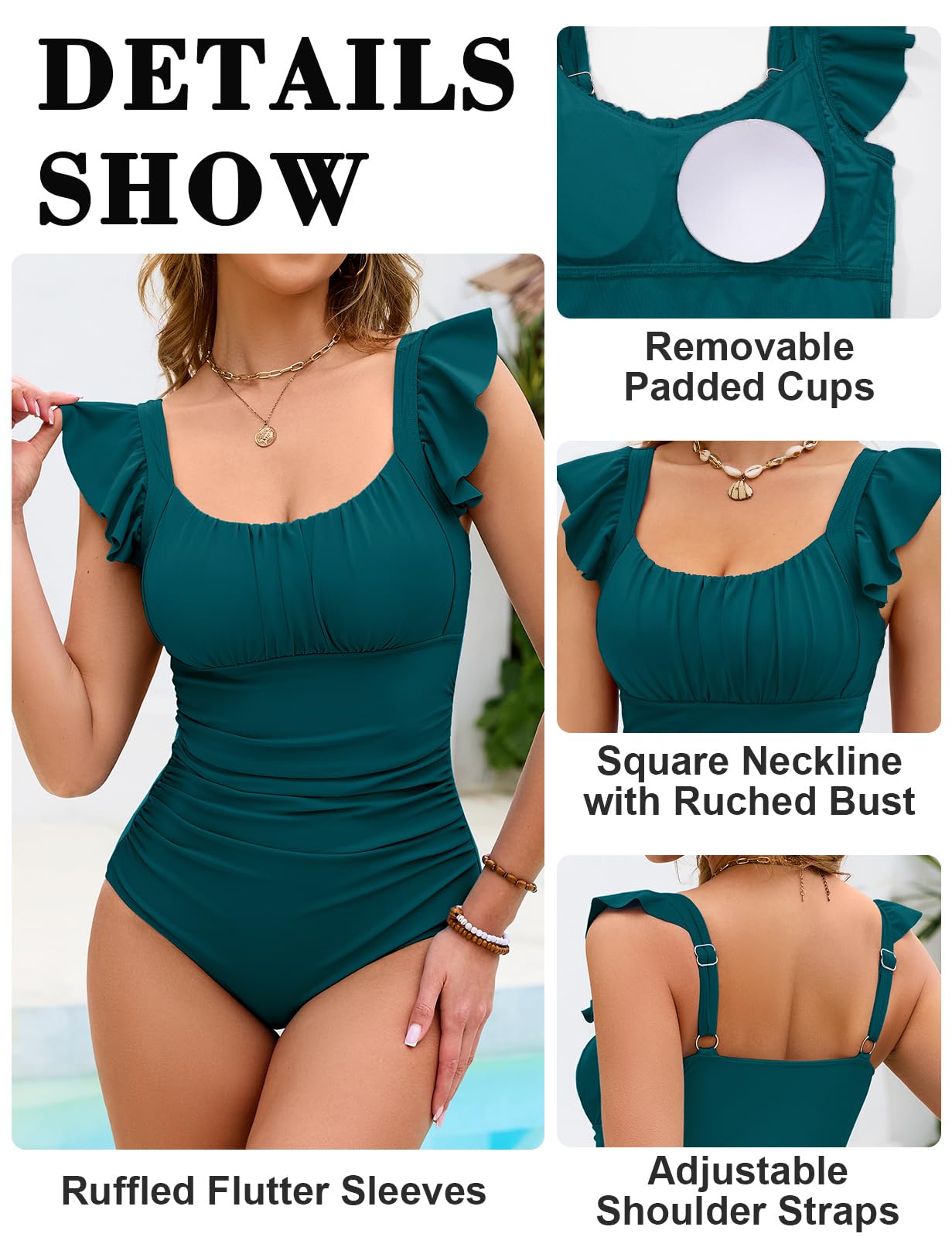 Svanco Traje de Baño de Una Pieza para Mujer Reductor Barriga con Volantes - Escote Cuadrado con Pecho Fruncido - Bañador Mujer y Copas Integradas