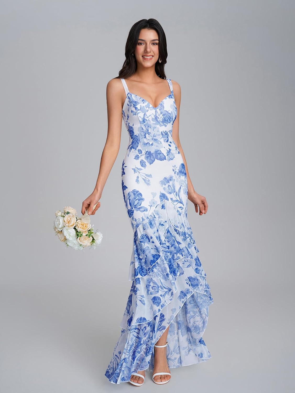 HTZMO Women Floral Wedding Guest Maxi Dress Summer Tiered Hem V Neck Bodycon Formal Party Elegant Long Dresses