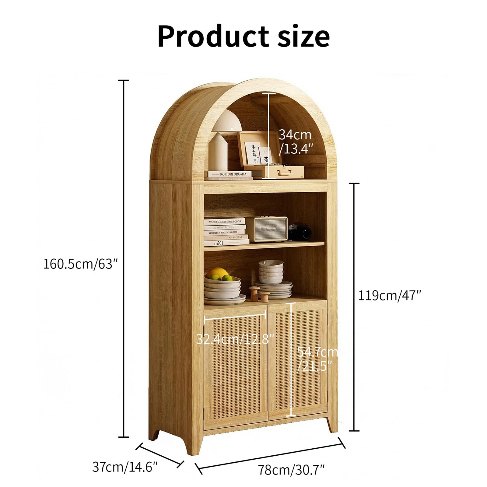 Bücherregal mit Türen, gebogener, hoher Rattan-Aufbewahrungsschrank, Holz-Bücherregal mit 3-stöckigen offenen Regalen, für Wohnzimmer, Schlafzimmer, Heimbüro, Küche