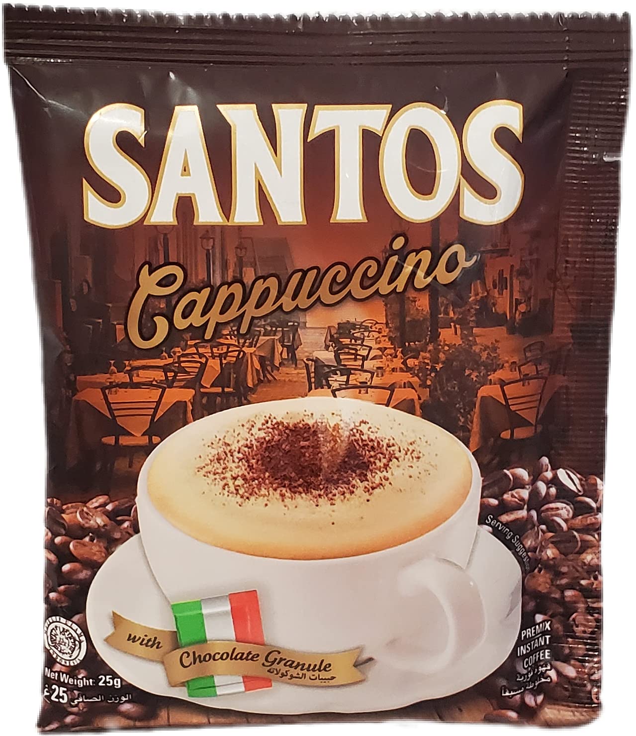 Santos Cappuccino Premix Instant Coffee 3-in-1 with Chocolate Granule Made of Cocoa Powder and Palm Sugar (Wrapped Separately) - Net Weight 500g (20 Sachets in Each Pack x 25g) – Pack of 2