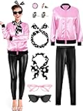 1950s Pink Satin Jacket with Pant Polka Dot Scarf Headband Earrings and Cat Eye Glasses Halloween Cosplay Costume Set