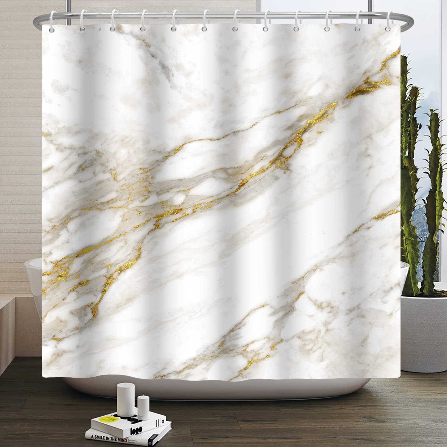 Baocicco White Marble Shower Curtain Gold Texture Luxury Modern Abstract Shower Curtains for Bathroom Home Bathtubs Decor Waterproof Fabric Shower Curtain with Hooks 72x72 Inches 72W x 72H(for Standard Bathtub) White