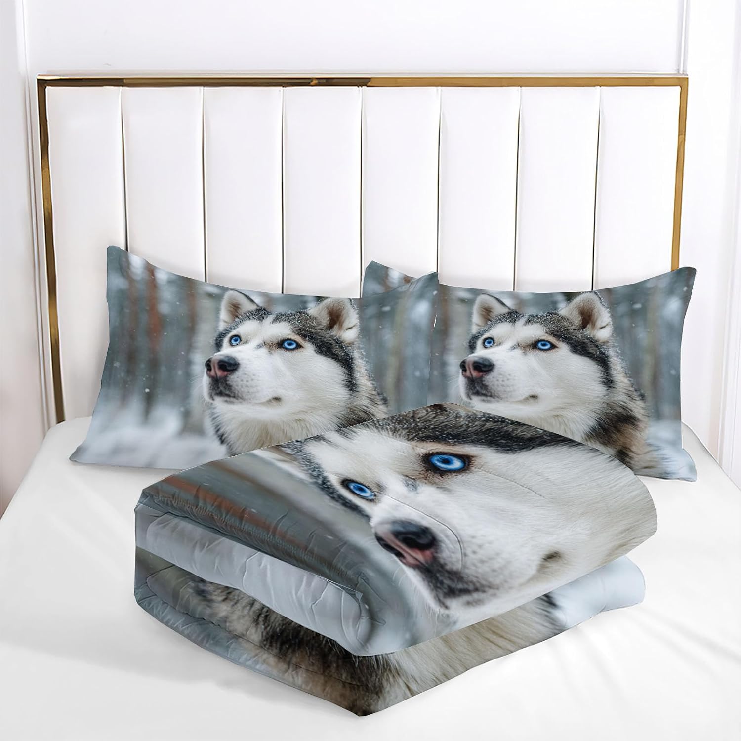 Winter Animals Comforter Set King Size, Husky Photography Bedding Set for Girls Boys, Grey Quilt Bed 104"X90" Bedding Comforter Sets with 2 Pillowcase Room Decor