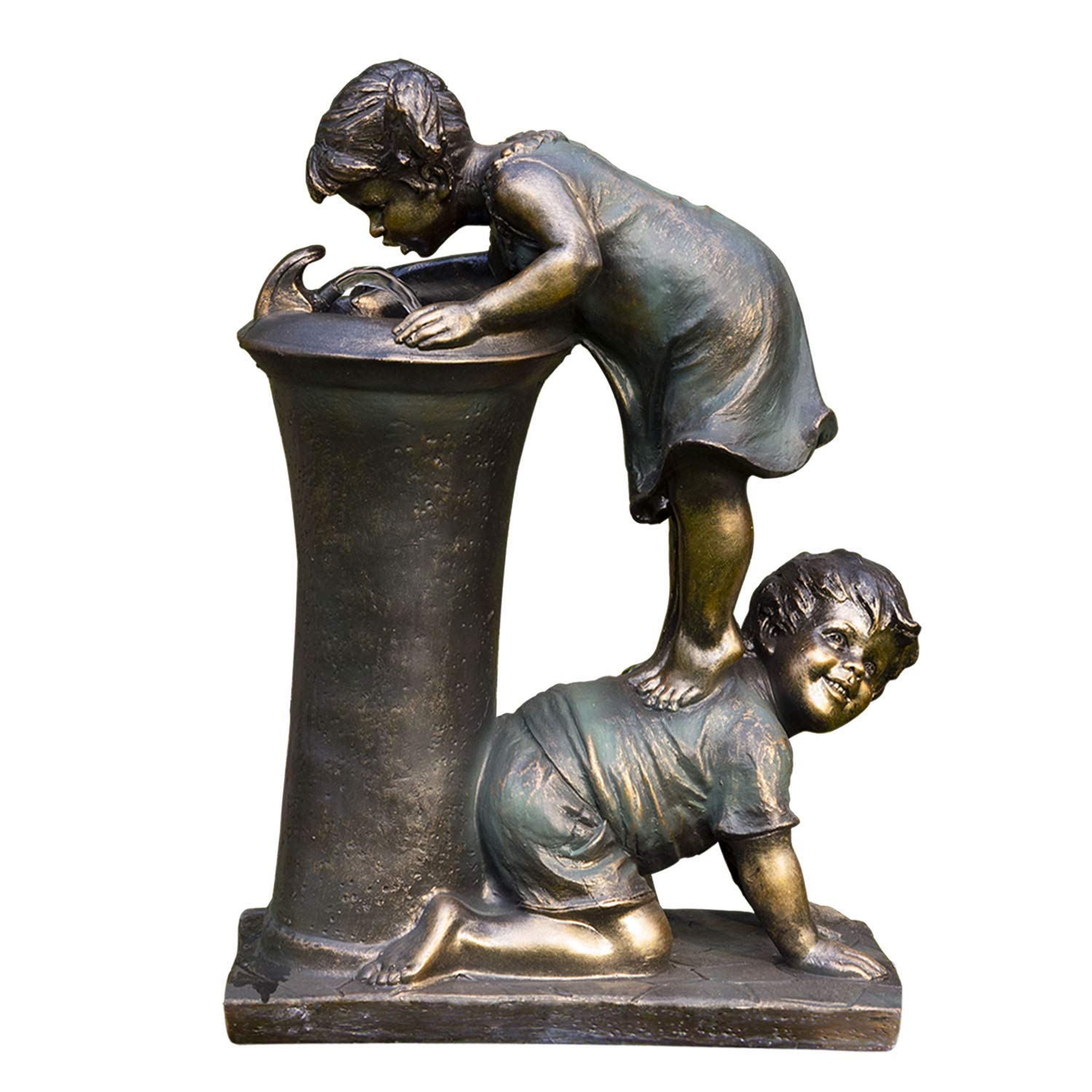 Alpine Corporation GXT472 Outdoor Floor Joyful Boy and Girl Drinking Water Fountain, Playful Garden Waterfall, 27", Bronze