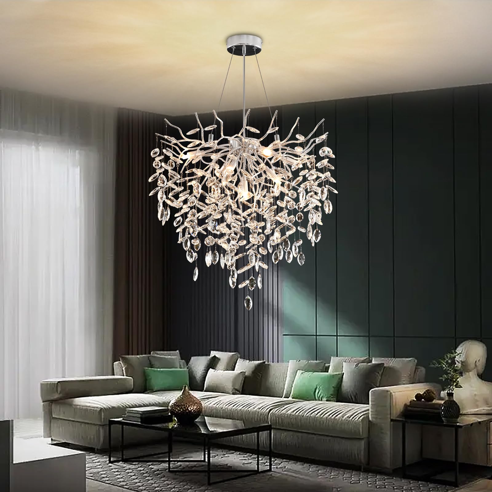 Modern Kronleuchter Kristall Golden, Große Luxus Raindrop Pendelleuchte, Rund Kristall Hängeleuchte Light Fixture, Luxury Tree Branch Kronleuchter für Kücheninsel, Esszimmer, 60cm