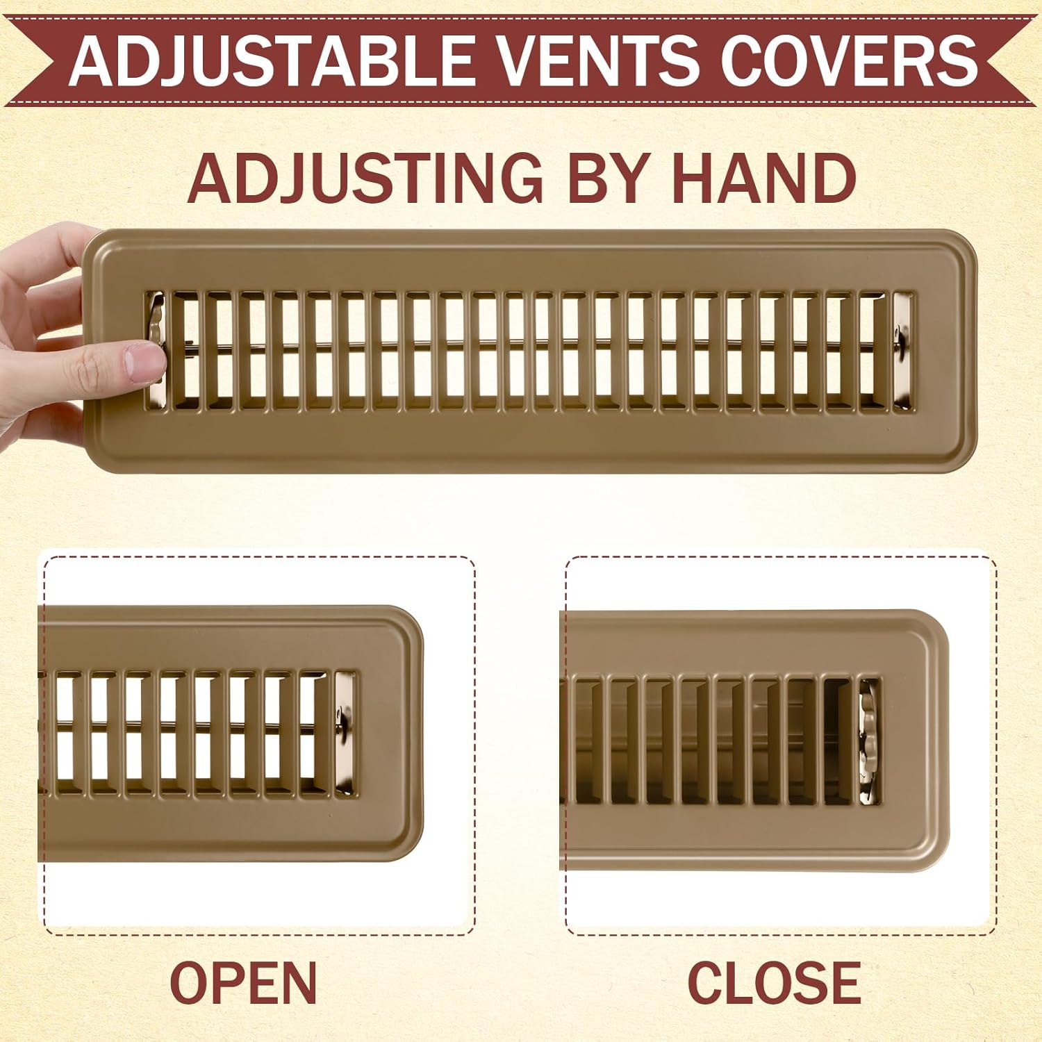 Tandefio 6 Pcs 2" x 12" Floor Register Vent Covers Metal Heavy Duty Walkable Floor Air Vent Covers with Rust Proof Finish Grille Easy Adjust Air Supply Lever for Home Wall Ceiling (Brown)