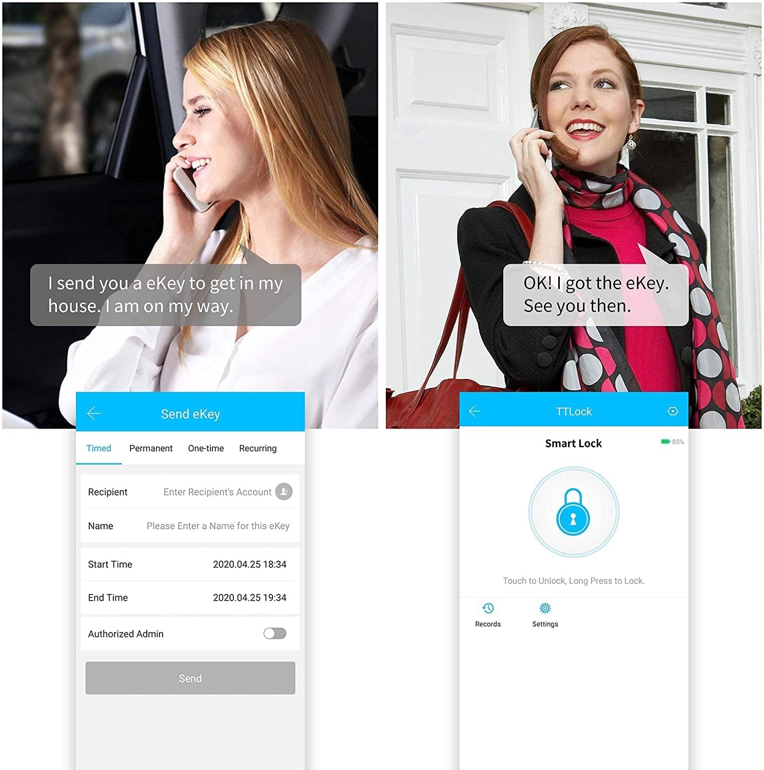 Two smartphone screens demonstrating the process of sending and receiving an eKey for home access.