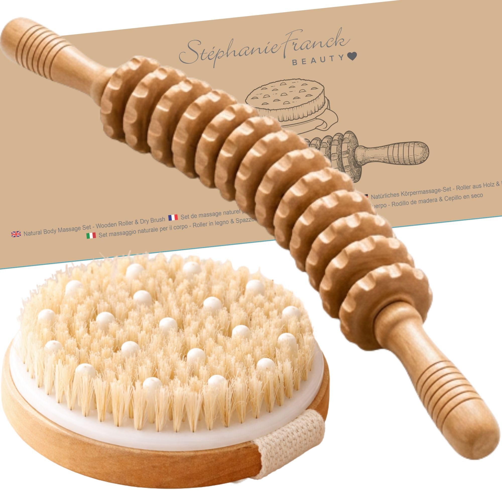 Set Maderothérapie Corps, Rouleau & Brosse à Sec | Routine corps 2-en-1 : massage manuel et brossage à sec