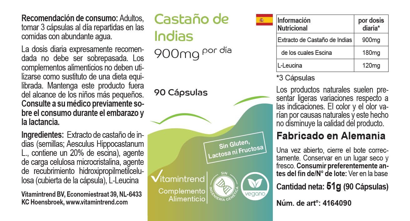 Vitamintrend Marronnier d'Inde 900 mg par jour, 90 gélules, facile à avaler, 20% d'aescine, hautement dosé, complément alimentaire vegan sans stéarate de magnésium, fabriqué en Allemagne