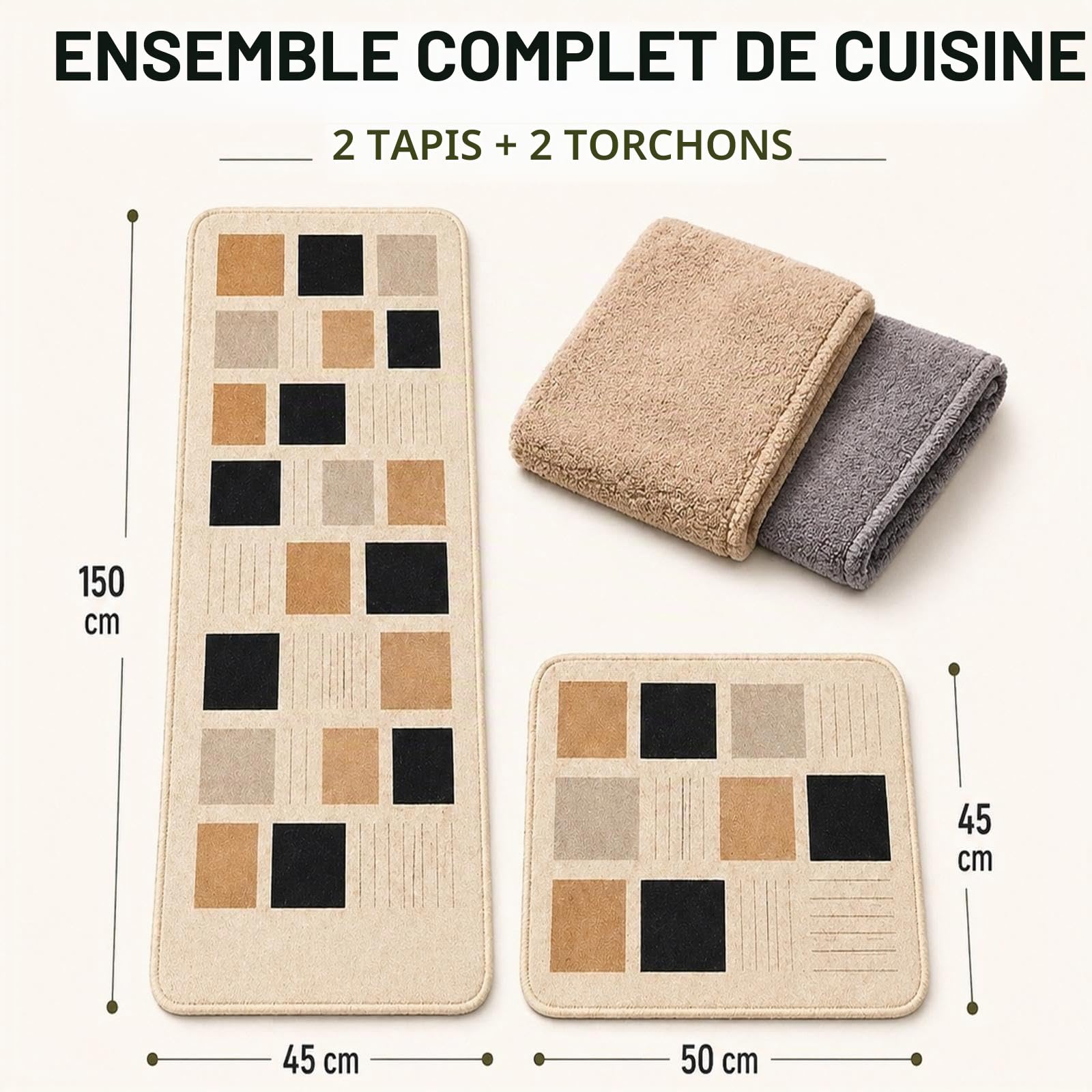 Tapis de cuisine lavable antidérapant - Lot de 2 tapis de cuisine et 2 chiffons en microfibre - Design effet lin - Résistant aux liquides (150 x 45 et 50 x 45 cm)