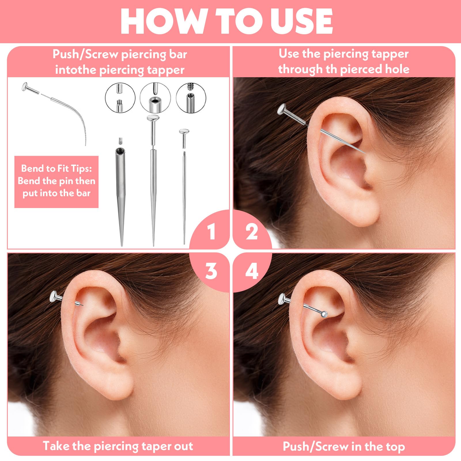 Zestaw 18 sztuk igieł do piercingu, zestaw do przekłuwania uszu, stal chirurgiczna, stal nierdzewna, do wsuwania tragus, helix, wargi, nosa, chrząstki