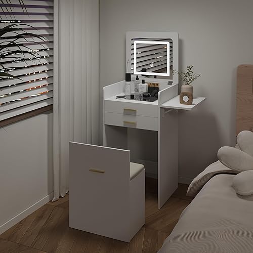 Miniatura 6 de ARTETHYS Juego de escritorio pequeño de tocador con espejo abatible y luces, blanco, integrado 3 en 1, juego de tocadores de maquillaje para