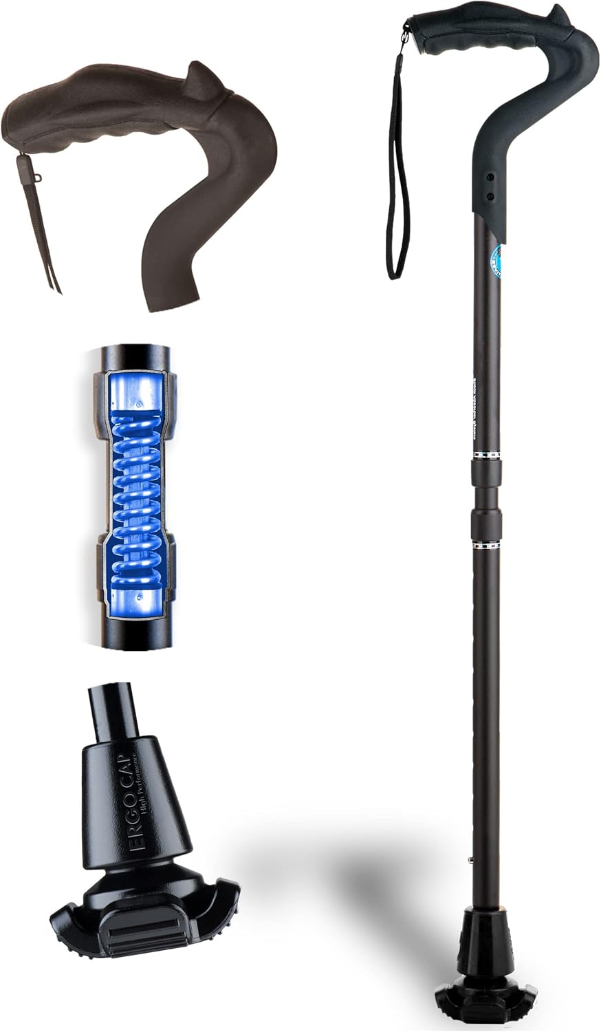 Ergocane 2G Walking Cane for Men & Women — Patented Shock Absorbing Cane with Ergonomic Nerve-Relief Grip, Self-Standing Base | Adjustable Height, Supports 300 lbs (Black)