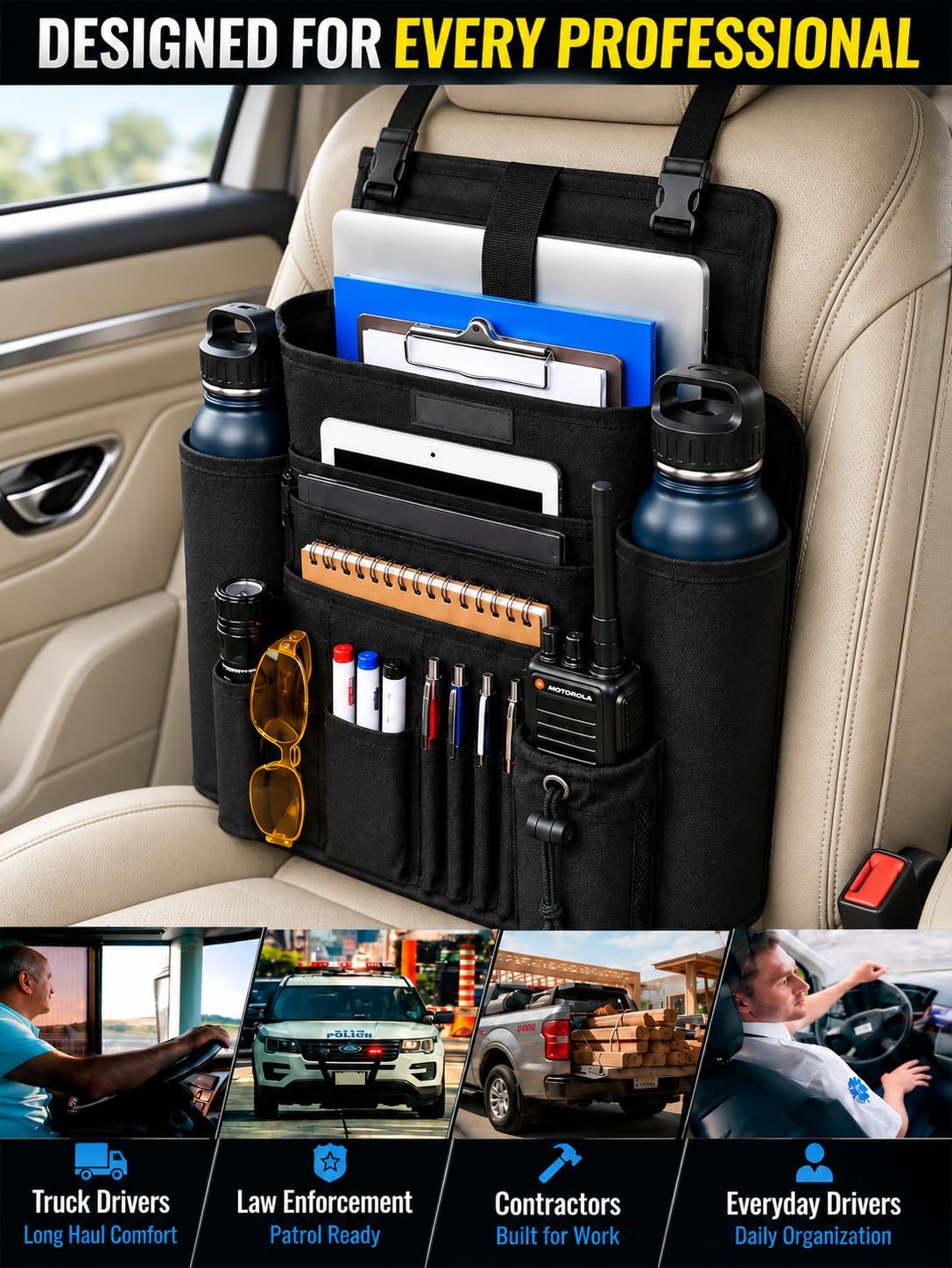 Car Front Seat Organizer with 11 Pockets (20"X16") - Passenger Seat Organizer - Vehicle Storage Caddy with Dedicated Tablet/Laptop Storage