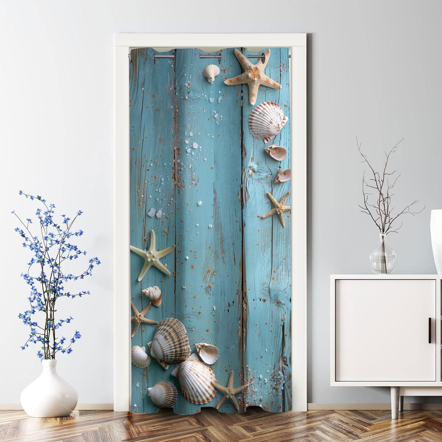 Beach Door Curtains for Doorways, Tropical Island Seaside Rustic Wooden Door Grommet Thermal Insulated Curtain Window Treatment, Room Divider Curtain Closet Curtain, 1 Panel, 34 x 80 Inch