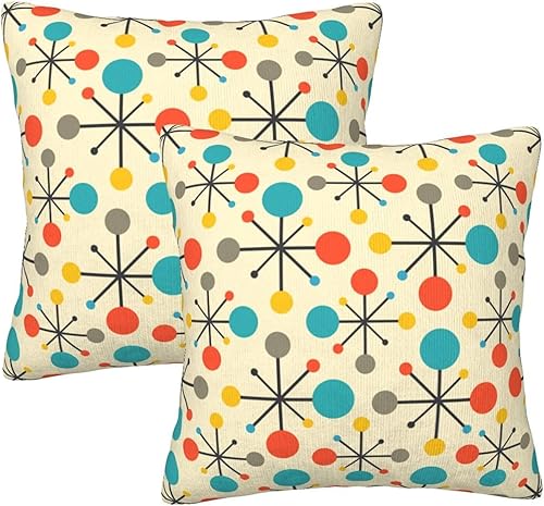 Juego de 2 fundas de almohada retro de mediados de siglo de 18 x 18 pulgadas, color amarillo, vintage, patrón retro moderno, cuadradas, fundas de